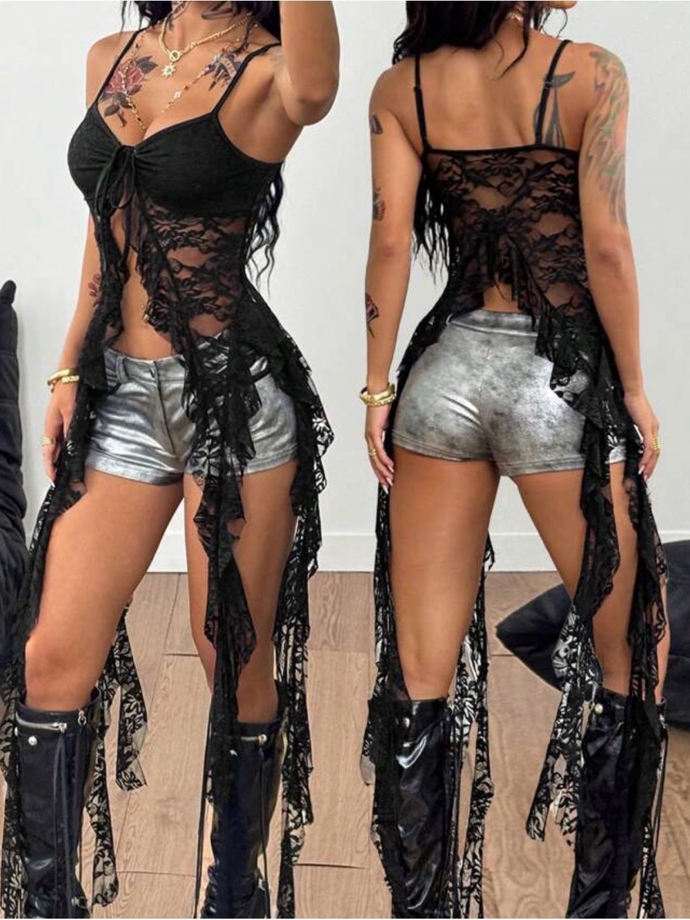 Black Lace Drape Tank Top with Tie Front
